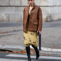 Guest wears brown leather jacket, beige embroidered dress, black boots outside Miu Miu during the Womenswear Spring/Summer 2024 as part of Paris...