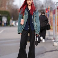 Guest wears burgundy bordeaux hair, navy blue fuzzy cardigan, navy blue denim jean jacket, black loose pants, shiny black loafer moccasin leather...