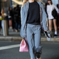 Guest wears light gray black pattern/print oversized blazer jacket, black and dark gray pattern sweater, light gray black pattern/print loose pants,...