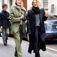 Guests are seen wearing on the left black sunglasses, a white shirt, a blue silk mini scarf, pink and purple polka dots printed foulard and a blue...