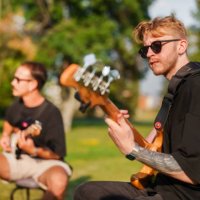 guitar player of the music band, outdoor music - concert stock pictures, royalty-free photos & images