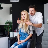 hairdresser advising his customer - hairstyle stock pictures, royalty-free photos & images