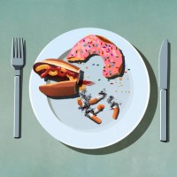 half-eaten hot dog, donut and cigarette butts on plate - junk food stock illustrations