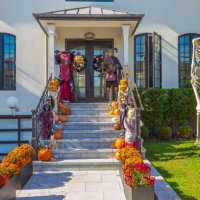 halloween decorations in front of luxury house, brooklyn, new york. - garden decoration stock pictures, royalty-free photos & images