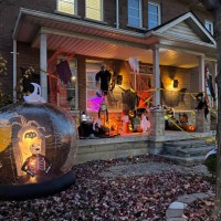 Halloween decorations outside a house on Halloween night in Vaughan, Ontario, Canada, on October 31, 2023.