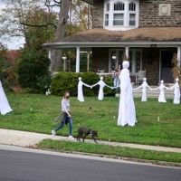 Halloween decorations stand on a front yard of a home in the Mt Airy neighborhood of Philadelphia, PA on October 24, 2020. The even is held to...