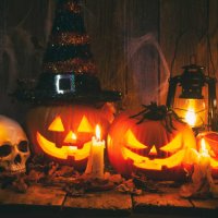 halloween jack-o-lantern pumpkins on rustic wooden background - home decoration stock pictures, royalty-free photos & images