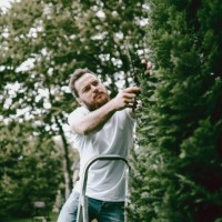 handsome male clipping the elk's branches in backyard - garden decoration stock pictures, royalty-free photos & images