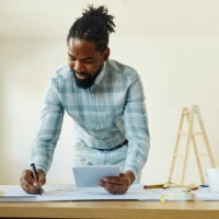 happy black architect using touchpad while examining plans in the apartment. - home decoration stock pictures, royalty-free photos & images