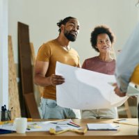 happy black couple talking to real estate agent in the apartment. - home decoration stock pictures, royalty-free photos & images