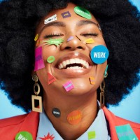 happy black woman with work stickers on face for creative success, entrepreneurship or love her career opportunity or job on blue studio background. smile, creativity and voice of a business manager - fashion stock pictures, 