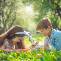 happy children playing with bunny on easter egg hunt - garden decoration stock pictures, royalty-free photos & images