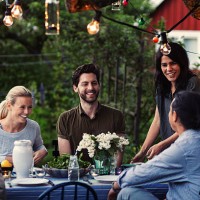 happy friends enjoying dinner party at yard - garden decoration stock pictures, royalty-free photos & images