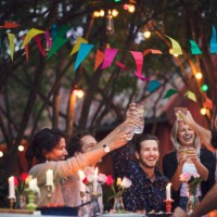 happy friends toasting drinks while enjoying at garden party - garden decoration stock pictures, royalty-free photos & images