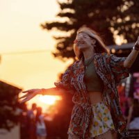 happy hipster woman enjoying on an outdoor music festival at sunset. - concert stock pictures, royalty-free photos & images