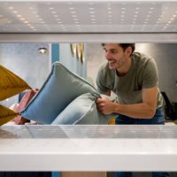 happy man shopping at a furniture store - home decoration stock pictures, royalty-free photos & images