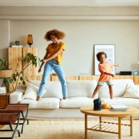 happy mother and son dancing on sofa at home - home decoration stock pictures, royalty-free photos & images