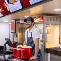 happy retail clerk selling snacks at the movie theatre - junk food stock pictures, royalty-free photos & images