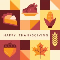 happy thanksgiving greeting design template geometric mosaic style with fall, food and drink elements - food stock illustrations