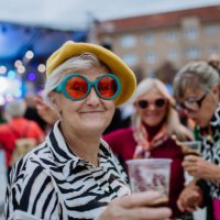happy three senior friends having fun at outdoor concert. - concert stock pictures, royalty-free photos & images