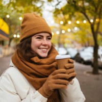 happy woman wearing knit hat day dreaming with disposable coffee cup on street during winter - junk food stock pictures, royalty-free photos & images
