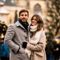happy young couple enjoying a christmas day together in the city. - fashion stock pictures, royalty-free photos & images