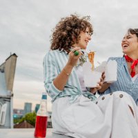 having a great time on the rooftop - junk food stock pictures, royalty-free photos & images