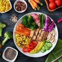 healthy eating and diet concepts. top view of spring salad shot from above on rustic wood table. - food stock pictures, royalty-free photos & images