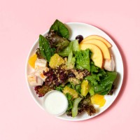 healthy salad with chicken, quinoa, spinach and orange. top view. copy space. - food stock pictures, royalty-free photos & images