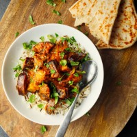 healthy vegan aubergine masala with long grain rice and naan bread - food stock pictures, royalty-free photos & images
