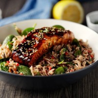 healthy wild rice salad with grilled teriyaki salmon fillet - food stock pictures, royalty-free photos & images