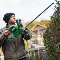 hedge trimming - man cutting green fence with a hedge trimmer - garden decoration stock pictures, royalty-free photos & images