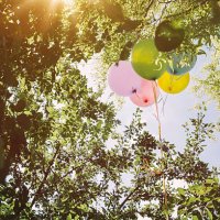helium ballons hanging in trees - garden decoration stock pictures, royalty-free photos & images