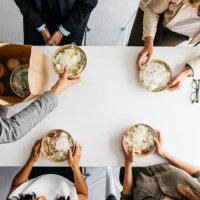 high-angle shot of takeaway lunch at work - junk food stock pictures, royalty-free photos & images