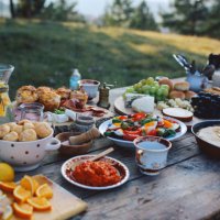 high angle image of a rustic, wooden food table - food stock pictures, royalty-free photos & images
