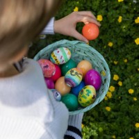 high angle view of a child collecting multicoloured painted easter eggs in a basket made of woven cardboard in a back yard. - garden decoration stock pictures, royalty-free photos & images