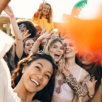 high angle view of cheerful friends enjoying in music event during summer - concert stock pictures, royalty-free photos & images