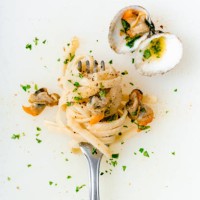 high angle view of clams and noodles in fork on white background - food stock pictures, royalty-free photos & images