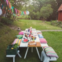 high angle view of decorated picnic table in backyard at garden party - garden decoration stock pictures, royalty-free photos & images