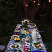 high angle view of food served on dining table for dinner party at yard - garden decoration stock pictures, royalty-free photos & images