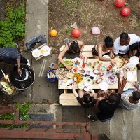 high angle view of friends enjoying backyard barbecue - garden decoration stock pictures, royalty-free photos & images