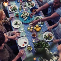 high angle view of friends having food at dining table in yard - garden decoration stock pictures, royalty-free photos & images