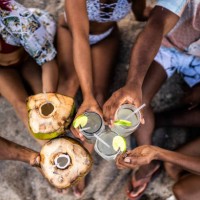 high angle view of friends making a celebratory toast on the beach - food stock pictures, royalty-free photos & images
