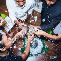 high angle view of friends toasting champagne at party - home decoration stock pictures, royalty-free photos & images