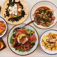 high angle view of various tapas dishes in a restaurant, barcelona, spain - food stock pictures, royalty-free photos & images