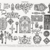historic ironwork (gothic-, renaissance-, baroque-style), wood engravings, published 1897 - garden decoration stock illustrations