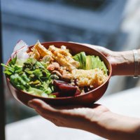 holding a bowl of chicken salad - food stock pictures, royalty-free photos & images