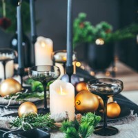 holiday table set up with candle lights, fir tree branches and christmas balls - home decoration stock pictures, royalty-free photos & images