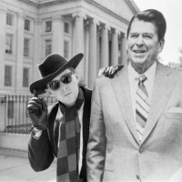 Holly Johnson posing outside the White House with a full-size cutout of Ronald Reagan. Liverpool band Frankie Goes To Hollywood, at Capitol Hill in...