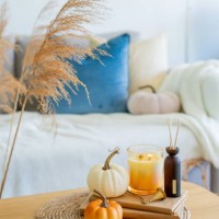 home autumn decor in warm shades. pumpkin, candle, dried flowers, pillows. - home decoration stock pictures, royalty-free photos & images